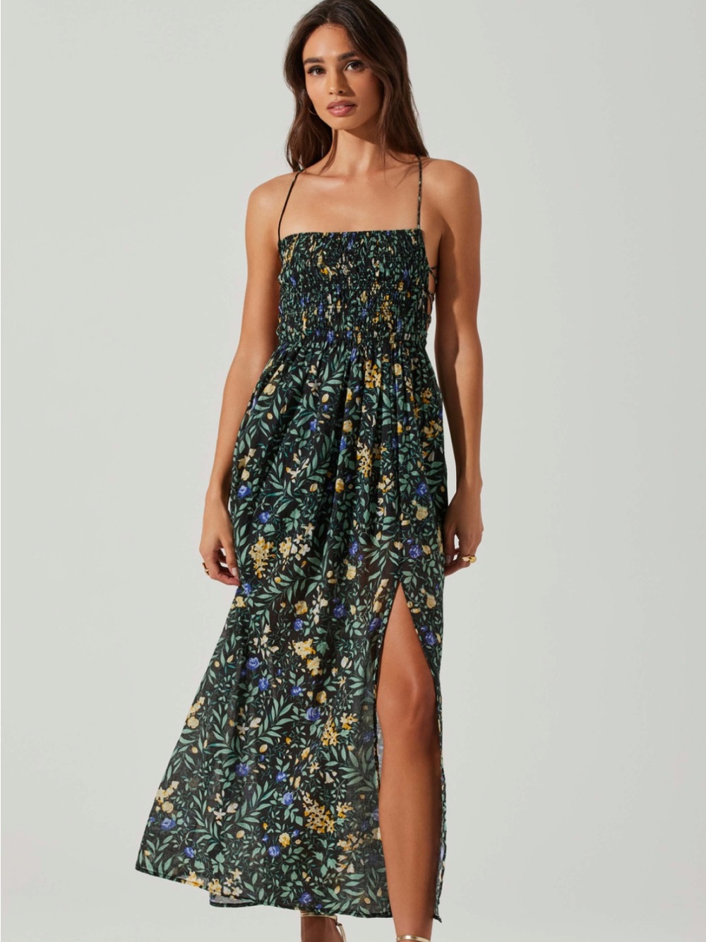 Floral Smocked Maxi Dress with Side Slit - Black Floral